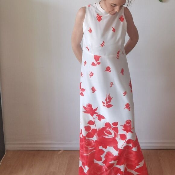 2 piece 1970s Rose Print Red & White Maxi Dress Set - Picture 3 of 6